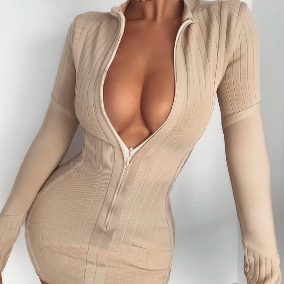 

New Autumn Women Fashion Mini Bodycon Bandage Dress Sexy Long Sleeve Apricot Club Celebrity Evening Runway Party Dresses