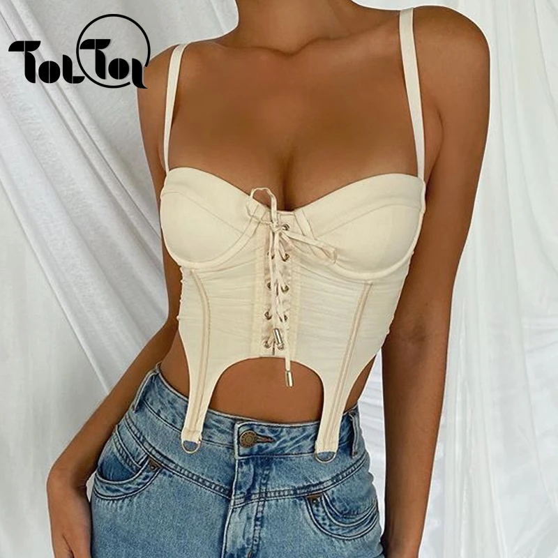 Casual Top Women Lace Up Camis Camisole 2020 Summer Sexy Sleeveless Slim Low Chest Tops | Женская одежда