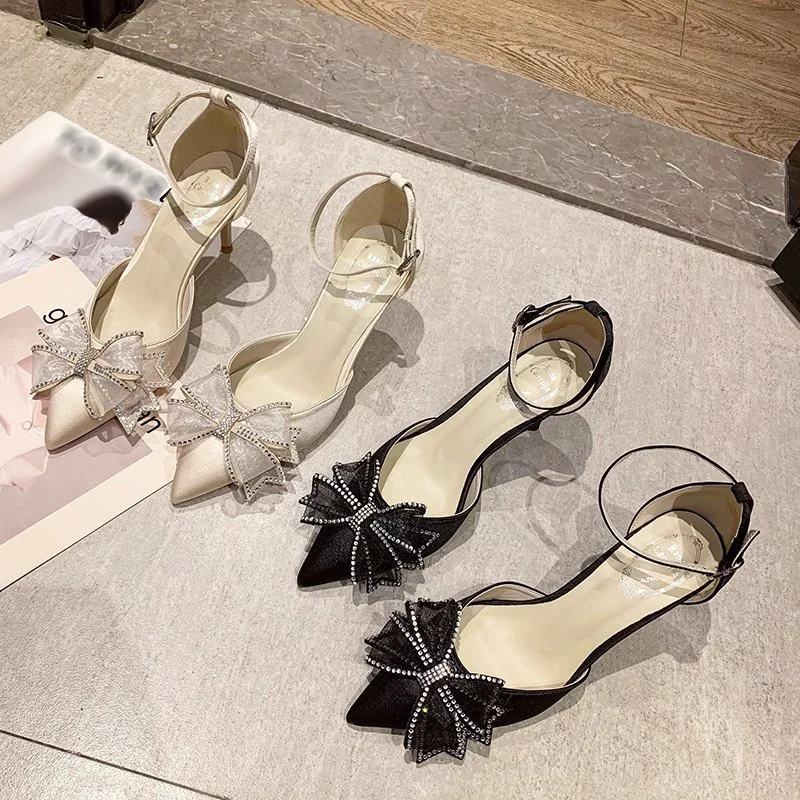 

Женские свадебные туфли на высоком каблуке с бантами, черные остроконечные стилеты в стиле д 'Орсе, Очаровательная свадебная обувь из флока;...