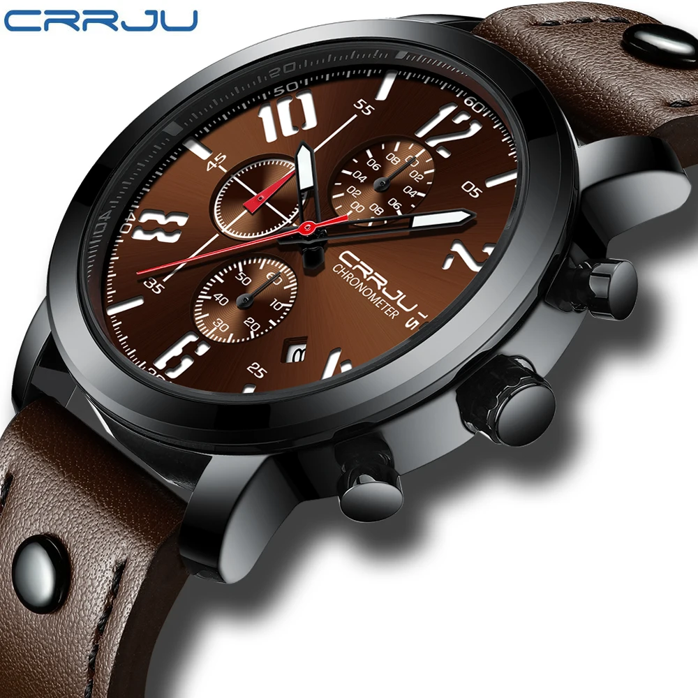 

CRRJU Men's Fashion Sport 3-sub Dial Waterproof chronograph Watch Calendar Luminous Leather Strap WristWatches for Man Feminino