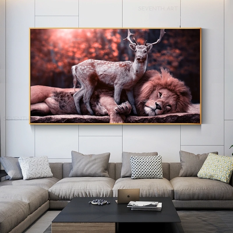 

Modern Lion and Deer Canvas Paintings on The Wall Lion Animals Posters and Prints Cuadro Deer Picture for Living Room Decoration