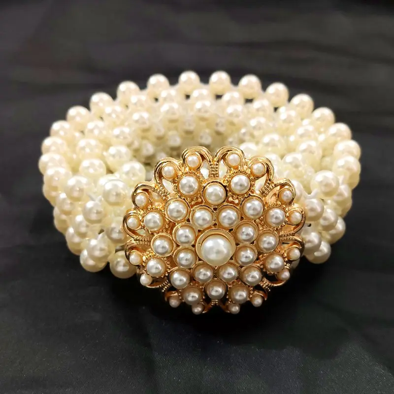 JUST FEEL Fashion Elegant Pearl Waist Belt Flower Elastic Buckle Chain For Women Girls Dress Crystal Strap Accessories Gift | Аксессуары