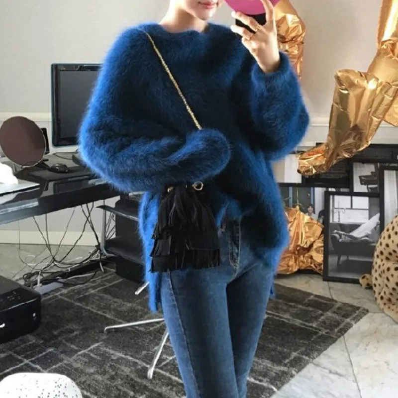 

2021 Autumn Winter New Fashion Women's Thick Loose Casual Round Neck Pullover Cashmere Ladies Mohair Thick Solid Color Pullover