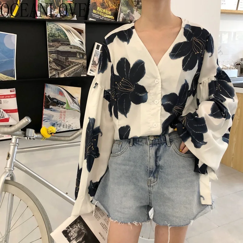 Женские топы и блузки с v образным вырезом цветочным принтом OCEANLOVE винтажные