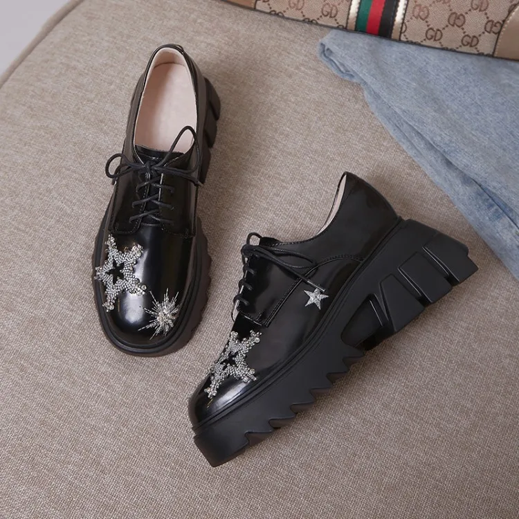 

MLJUESE 2021 Women Pumps Soft Cow leather Autumn Spring Lace up Crystal Platform Black color Round toe high heels pumps