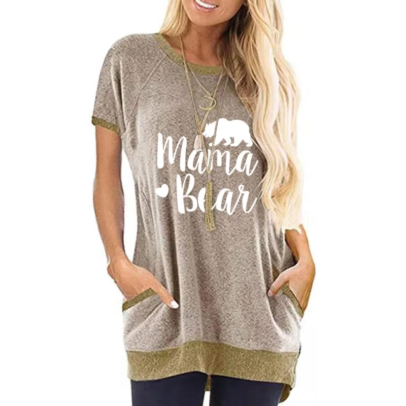 

women's 2021 spring and summer round neck pocket color matching top bear printed short sleeve T-shirt