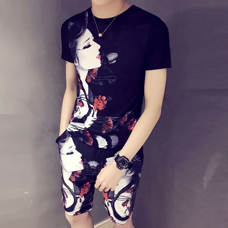 Летний спортивный костюм для мужчин Повседневная футболка + шорты комплект