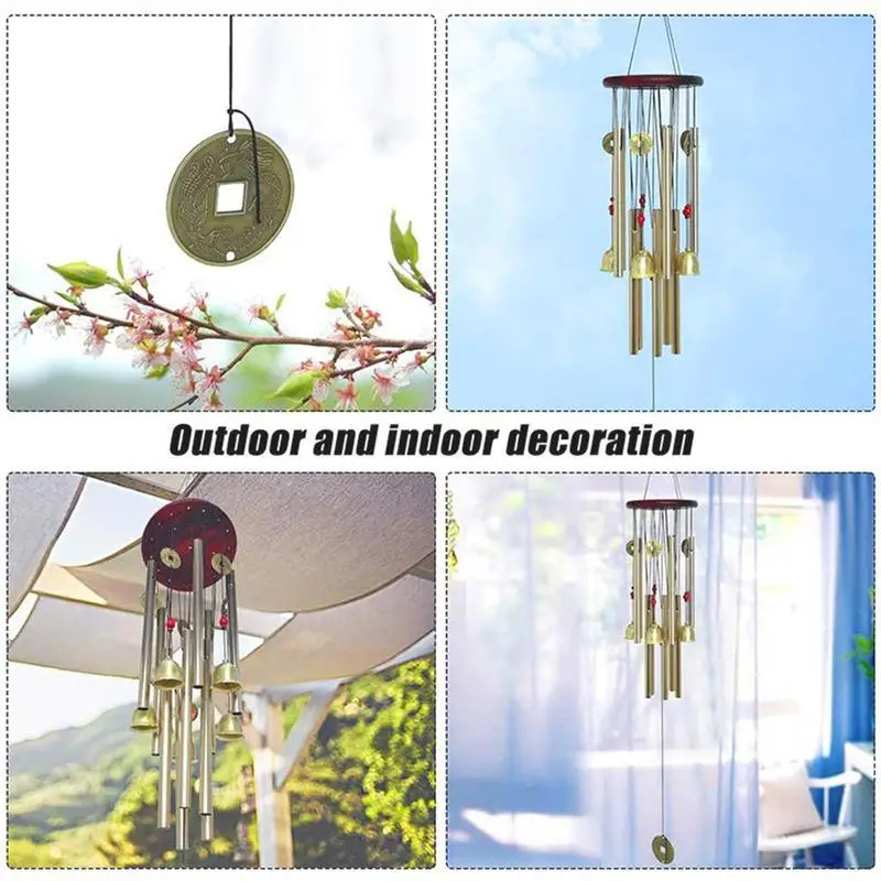 Chinese Traditional Wind Chime 6 Pipes 5 Bells and Bronze Windchime Wood Base for Outdoor Patio Garden Home Decor | Дом и сад