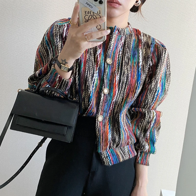 

2020 Autumn Female Mujer Round Neck Single Breasted Minimalist Loose Patchwork Panelled Top Jacket Cardigan Coat C558