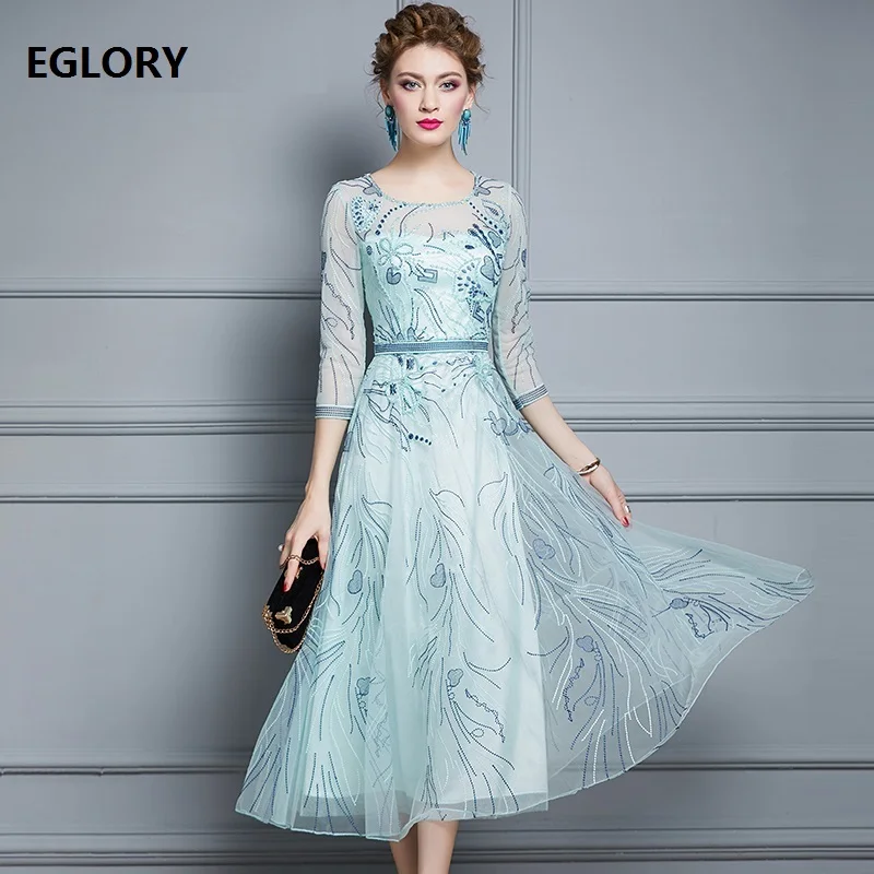 

Top Quality New 2020 Autumn Wedding Party Vestidos Women Luxurious Embroidery Beading Elegant Long Maxi Dress Green Apricot Pink