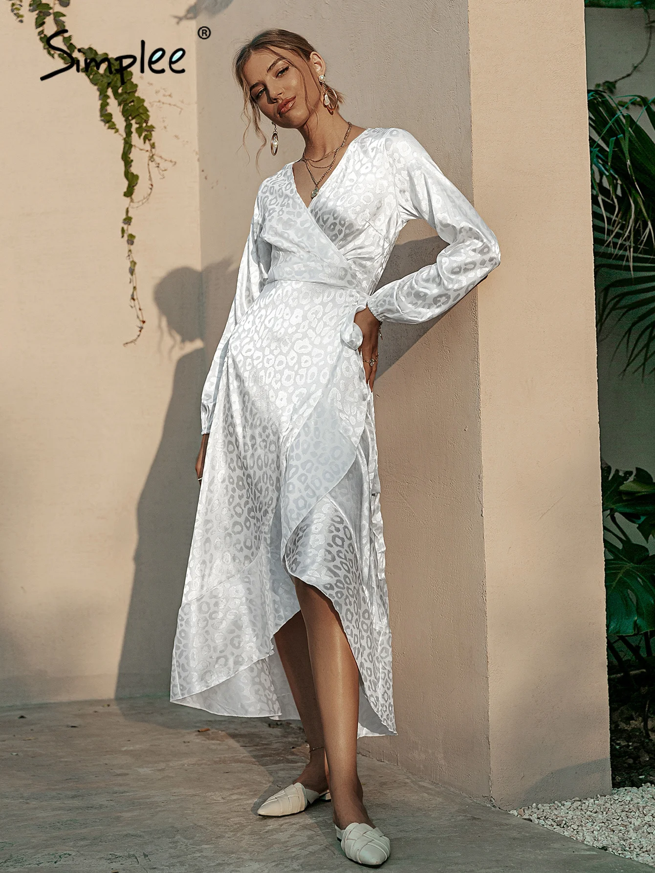 

Женское леопардовое платье Simplee, розовое элегантное платье макси с v-образным вырезом и длинными рукавами на шнуровке, праздничное платье