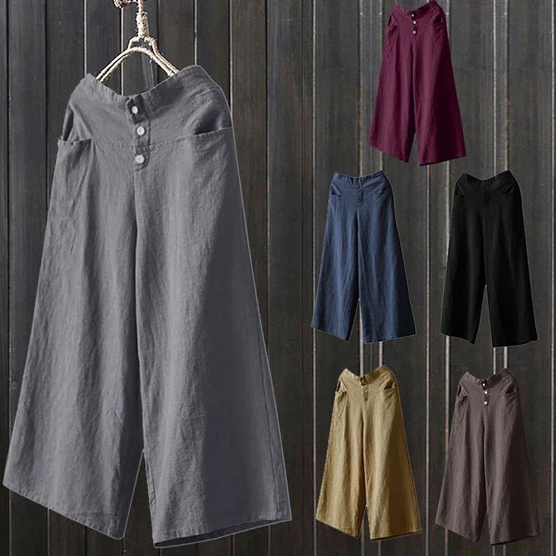 

Women New Autumn Wide Leg Crop Calf-Length Pants Casual Loose High Waist solid Linen Trousers casual pants female trousers