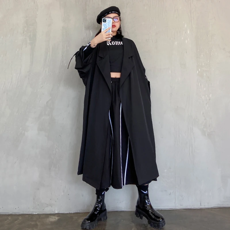 

[EAM] Women Black Split Joint Long Big Size Trench New Lapel Long Sleeve Loose Fit Windbreaker Fashion Spring Autumn 2021 1Z613