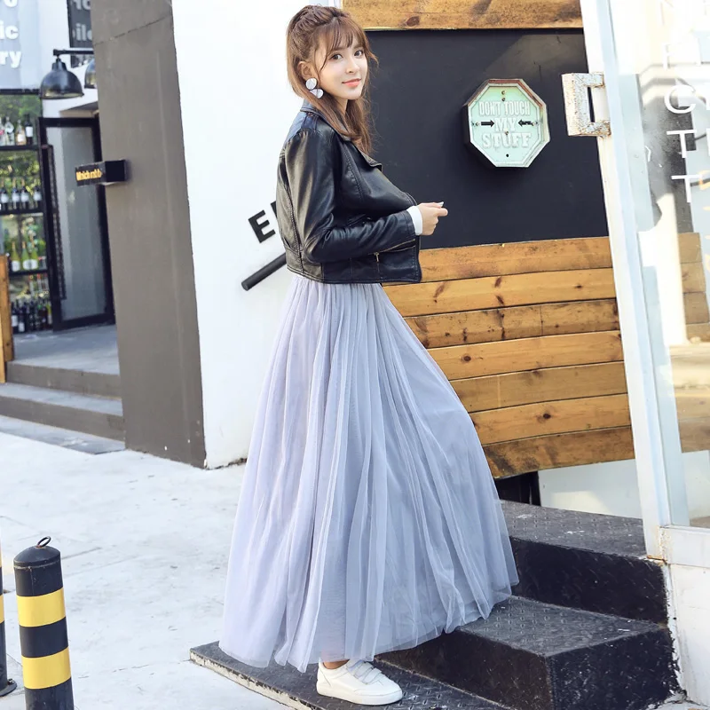 

Pure Color Four Seasons Pleated Fairy Bust Mesh Skirt High Waist Slim All-match Mid-length A-line Large-length Skirt