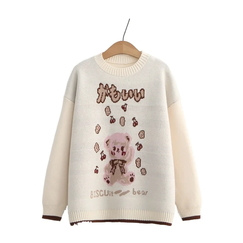 Winter Women Casual Loose O-neck Bear Embroidery Knitted Sweaters Long Sleeve Bottoming Shirt Female Jumpers Pullovers 2012339