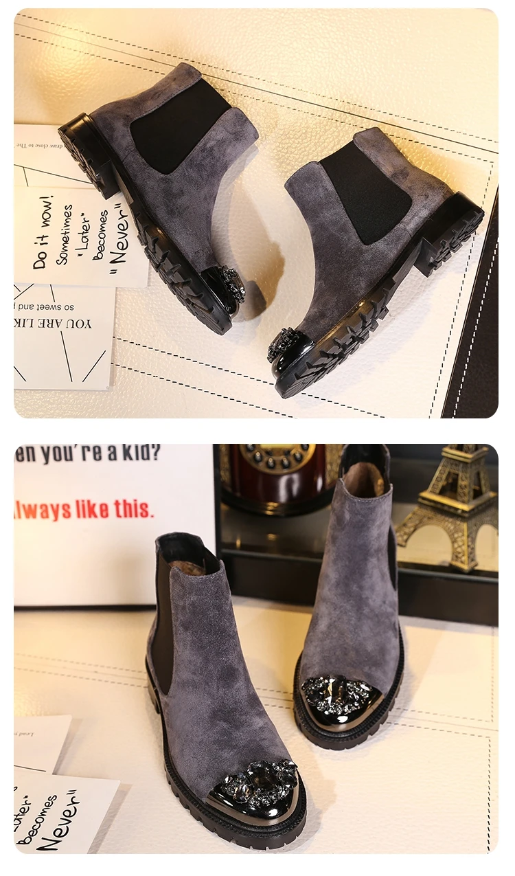Женские зимние ботинки; Botas Mujer; кожаные женские ботильоны со стразами; Sapato Feminin; женская обувь с круглым носком; Zapatos De Mujer