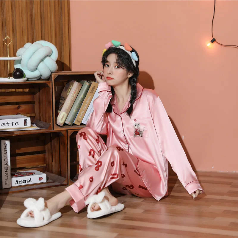 

New Spring Women Pajama Sets Silk Satin Cartoon Long Sleeve Sleepwear Sweet Female Pijamas Ladies Homewear Suit Plus Size M-5XL