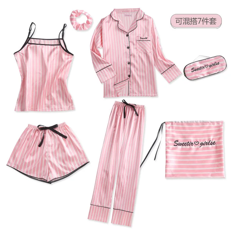 

Pyjamas Women 7 Pieces Pink Pajamas Sets Satin Silk Sexy Lingerie Home Wear Sleepwear Pyjamas Set Pijama Woman