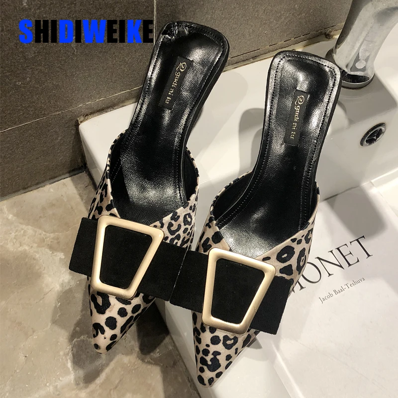 Мюли женские на низком каблуке брендовые шлепанцы без застежки леопардовая