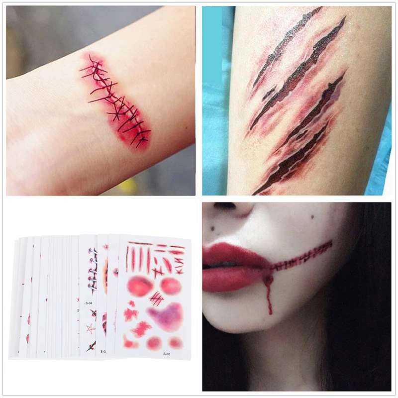 

Waterproof Halloween Terror Wound Realistic Blood Fake TemporaryTattoo Sticker Easy to apply