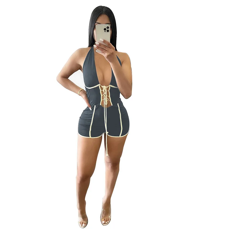 

2021 Summer Fashion Women Bandage Shorts Jumpsuits Sleeveless Halter Deep V-Neck Sexy Lady Slim Waist Sports Rompers