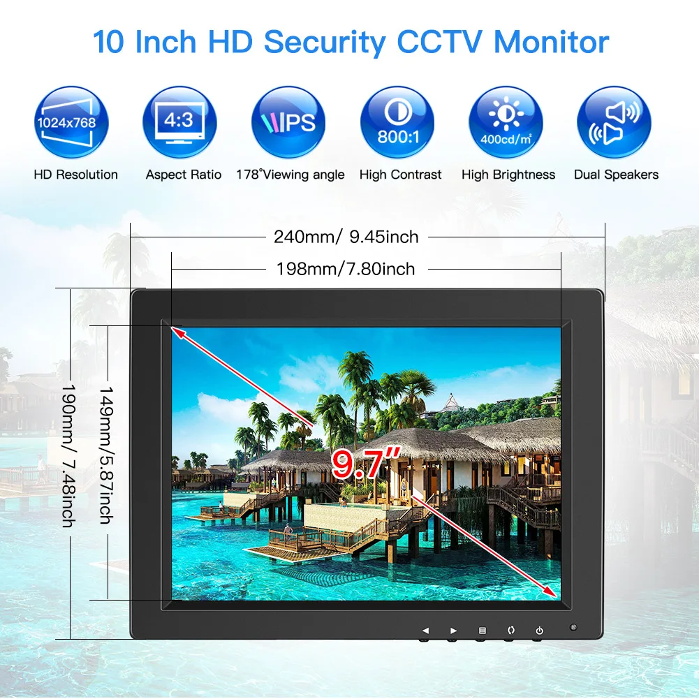 Eyoyo 10 дюймов CCTV монитор безопасности небольшой портативный HDMI ЖК-монитор ips HD 1024x768