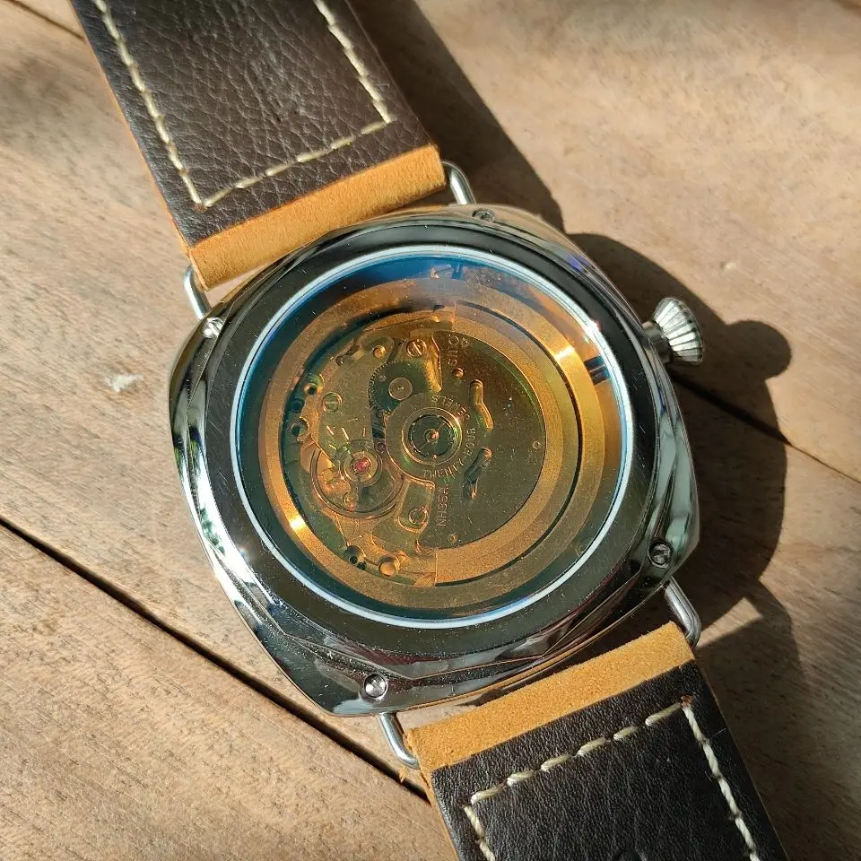 

Newest 46mm NH35 Movement Stainless Steel Men's Watches Mineral Glass NH35 Movement Brown leather Automatic Wrist watch for Men