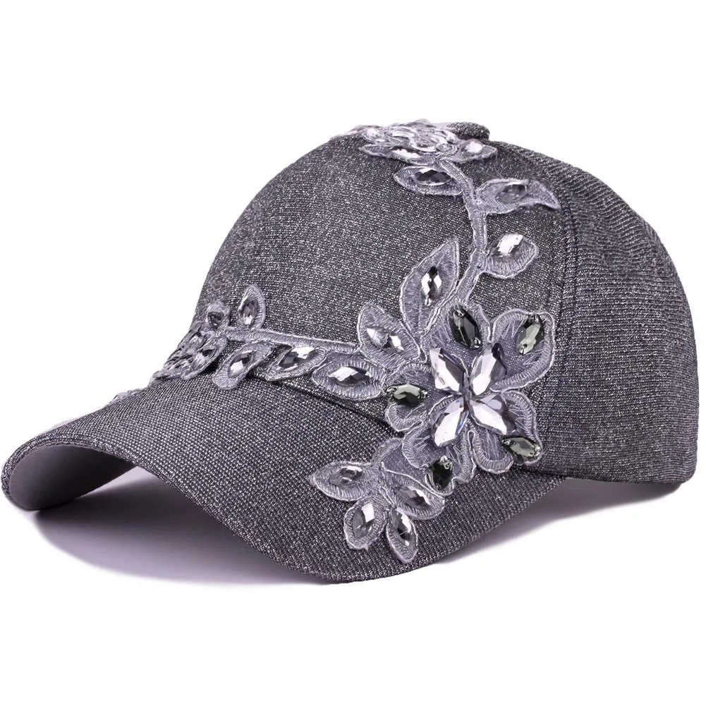 Women Cotton Shny Floral Baseball Cap Ladies Casual Rhinestone Flower Snapback Hat For Female Casquette Embroidery Hip Hop Cap