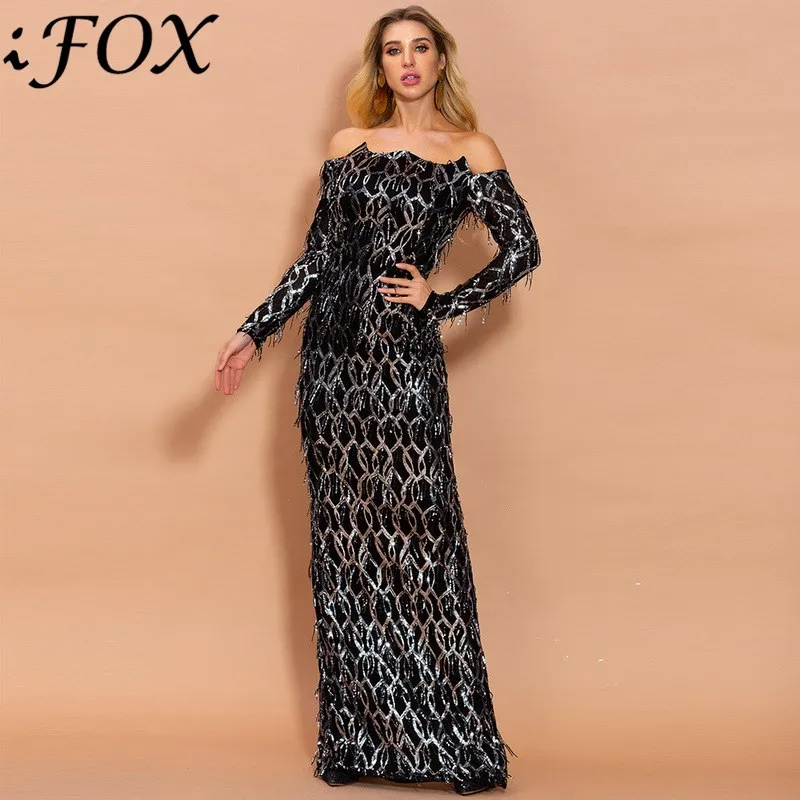 

IFox 2020 Fashion Slash Neck Off the Shoulder Women Party Dresses Sexy Long Sleeve Black Simple Women Maxi Dress with Tassel