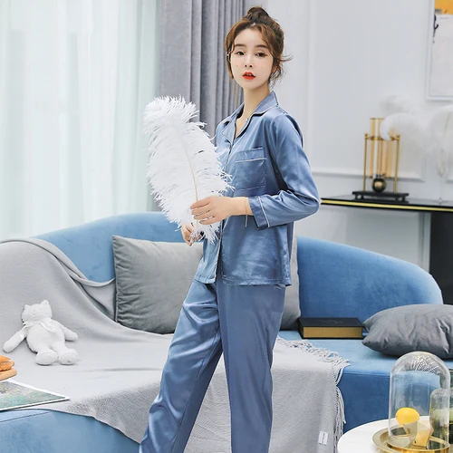 Sexy satin couple pajamas set Silk Pajamas For Women and men Lovers long sleeved autumn Pyjamas Sleepwear Sets Pijama Mujer - Цвет: 8106yanhui