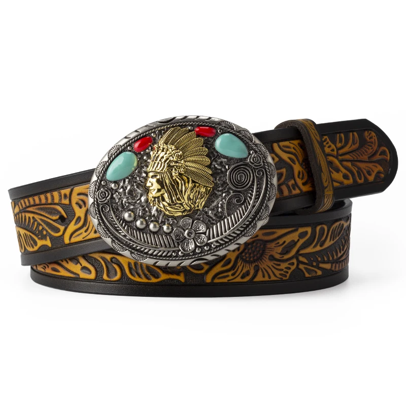 Bulk Belt Leather Embossing Alloy Buckles Adornment Belt Man Male Fashion Western Cowboy luxury