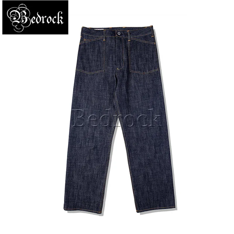 RT 14oz Paris buckle loose straight jeans for men unwashed vintage selvedge cattle jeans raw denim indigo high waist cargo pants