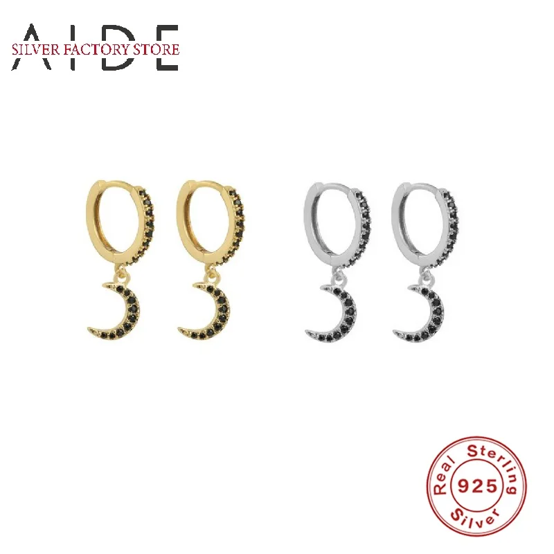 

AIDE Black Zircon Crescent Hoop Earrings Fashion 925 Moon Dangle Sterling Silver Earrings For Women Jewelry Pendientes Brincos