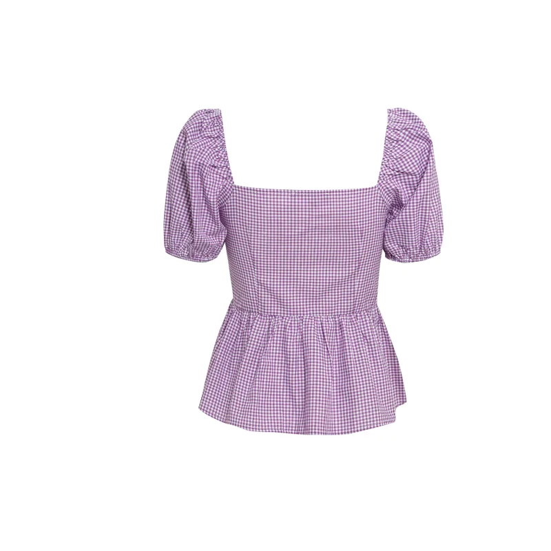 

Summer women's casual plaid V-neck short-sleeved ruffled decorative shirt