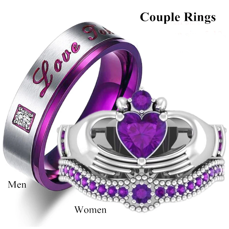 

Charm Couple Rings Men Stainless Steel Ring and Women's Purple Zircon Ring Bridal Wedding Engagement Ring Set Lover Gift
