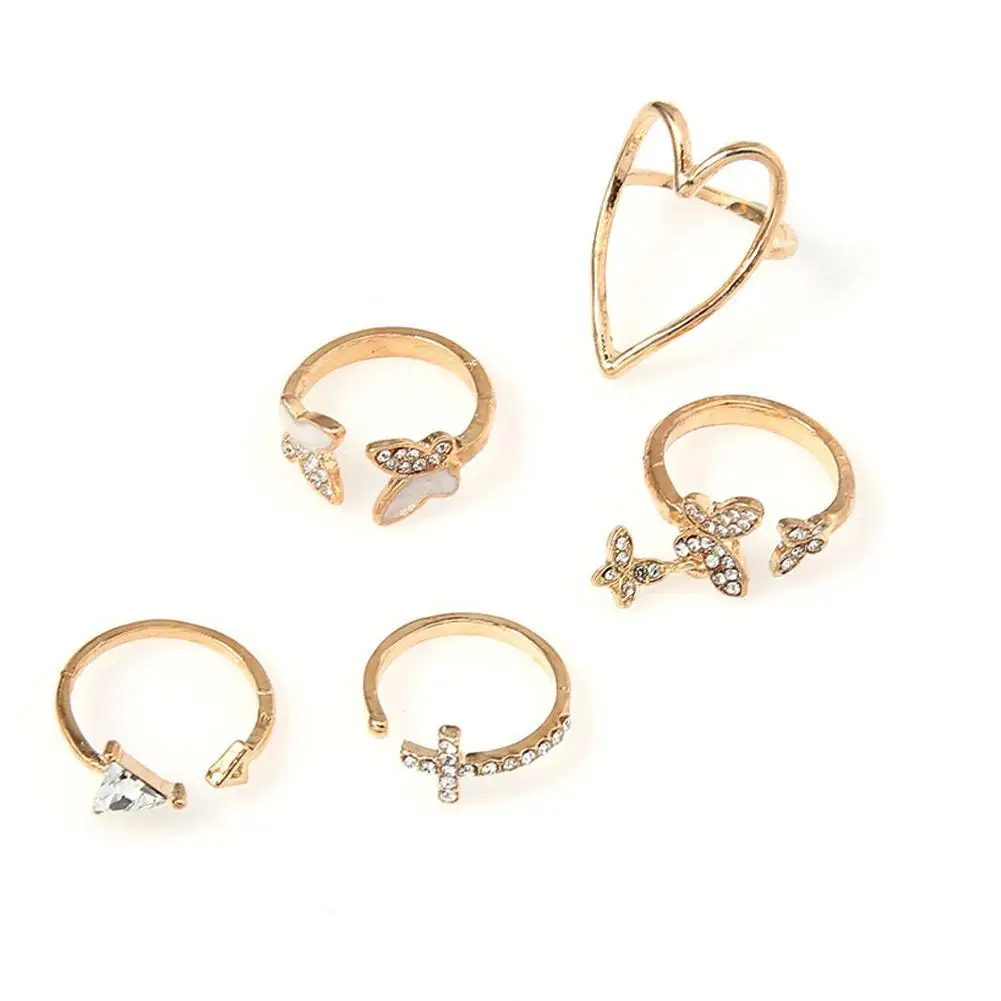 5pcs/set Of Cross Triangle Love Heart Hollow Crystal Drip Oil Butterfly Ring Joint Punk Gothic Rings For Women Jewelry | Украшения и