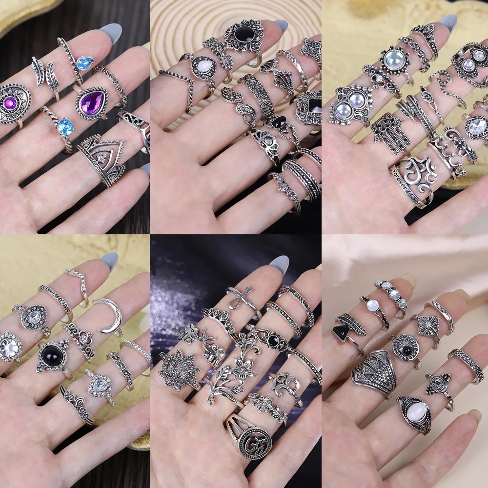 

Vintage Women Crystal Finger Knuckle Rings Set for Girls Moon Lotus Charm Bohemian Ring Fashion Gothic Punk Jewelry Gift