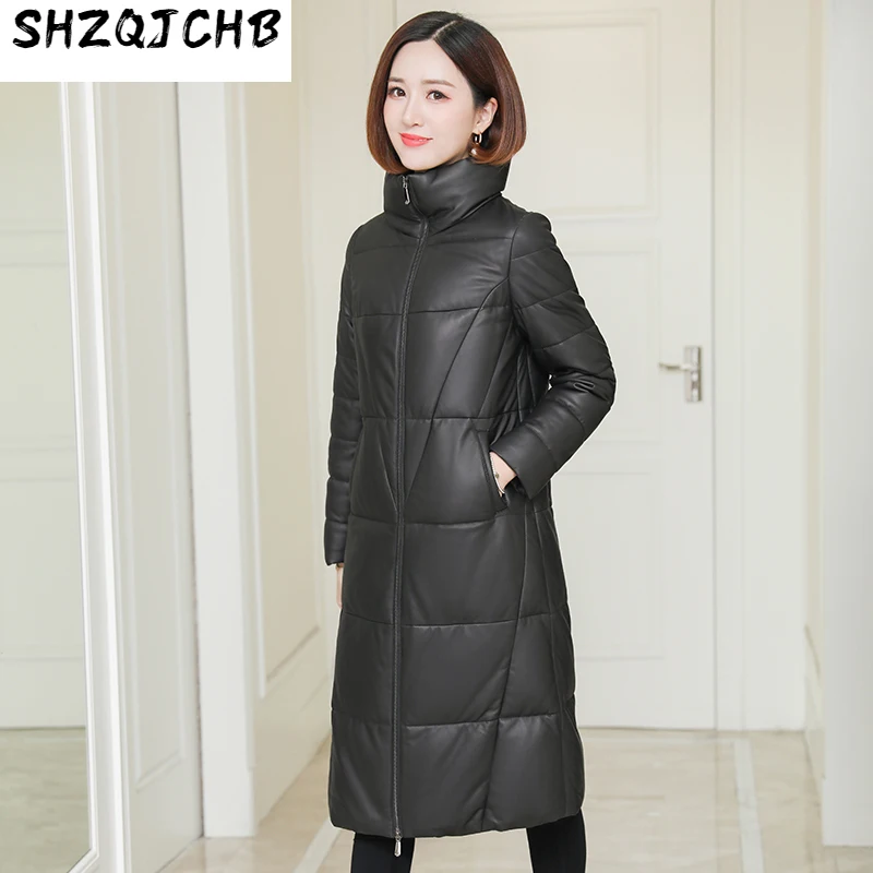 

Женское кожаное пальто SHZQ средней и большой длины, новый модный пуховик из хлопка и овечьей кожи с воротником-стойкой
