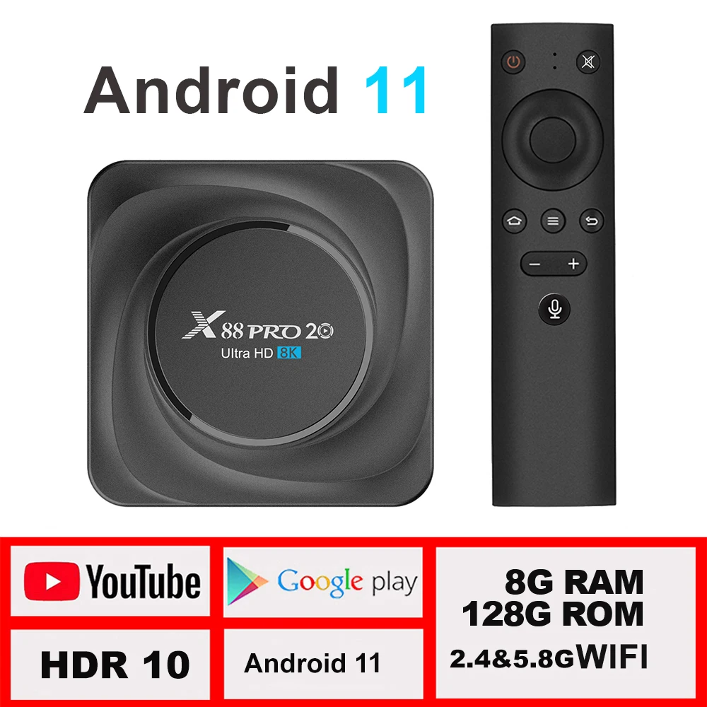 X88 pro 20 ТВ приставка android 11 8 ГБ 128 Гб 8K 2021 Новый смарт-ТВ коробка LEMFO 2,4 г 5,8 WI-FI BT 4,2 Google Voice Декодер каналов кабельного телевидения 11,0 - изображение