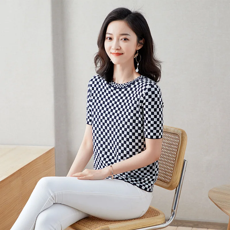 

Knitted Pullovers Women Sweaters 2021 Summer Short Sleeve Fashion Thin O-Neck Chic Plaid Pullover Jumpers Pull Femme Knit Tops