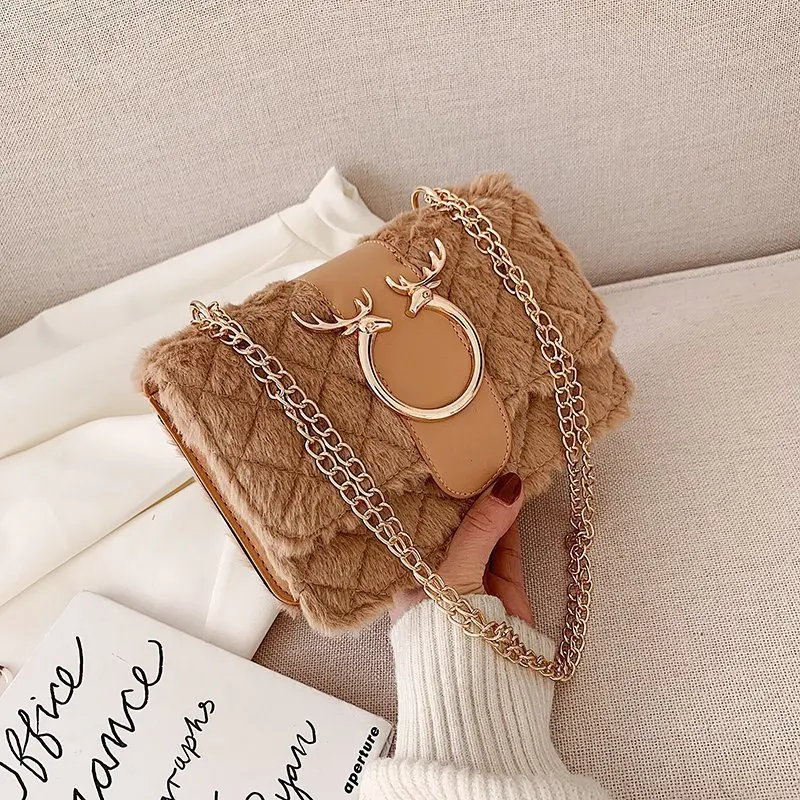 

New Plush Bag Women's Bag 2020 Fashion Plush Small Square Bag Chain Shoulder Bag All-match Texture Messenger Bag