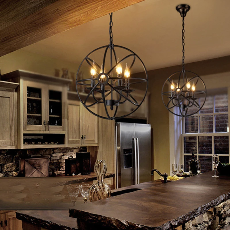 Pаспродажа Ретро люстра в стиле лофт из кованого железа, креативная люстра в форме глобуса, для кафе, бара, ресторана, античная американская люстра