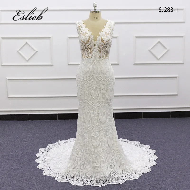 Eslieb Бесплатная Доставка простое кружевное свадебное платье русалки 2020 с v