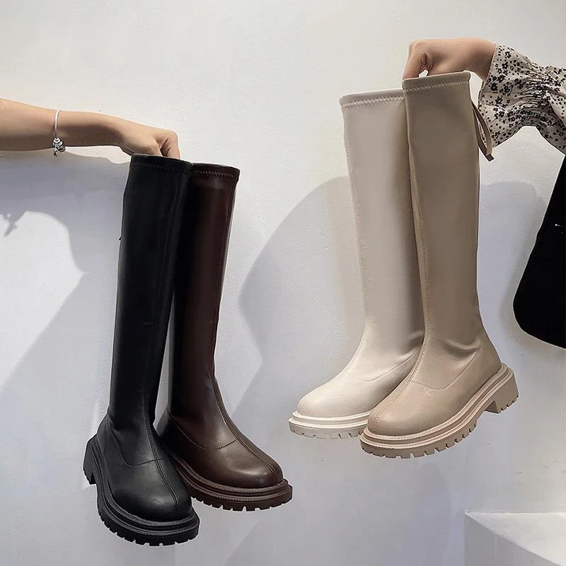 

Women Thigh High Boots 2021 Winter Slim Flat Thick Sole Platform Boots Female Black Knee-High Motorcycle Boots Women's Shoes