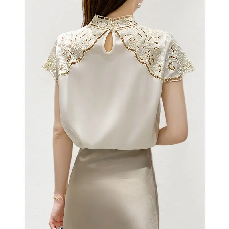 

Heavy industry embroidered Chiffon T-shirt short sleeve female 2021 summer new belly covering thin top foreign style T-shirt