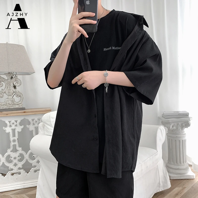 Streetwear Shirt Men Solid Cotton Plus Size Short Sleeve Shirts Loose Summer Fashion Casual Korean Shirt Mens Tops Clothes 2021