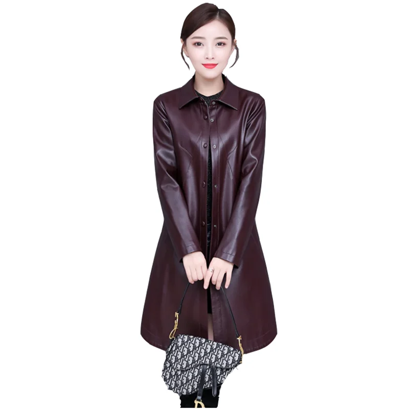 2022 Autumn Winter Women's Leather Jacket Fashion Slim Medium-Long Bomber Leather Coat Female Thin Leather Windbreaker Outerwear