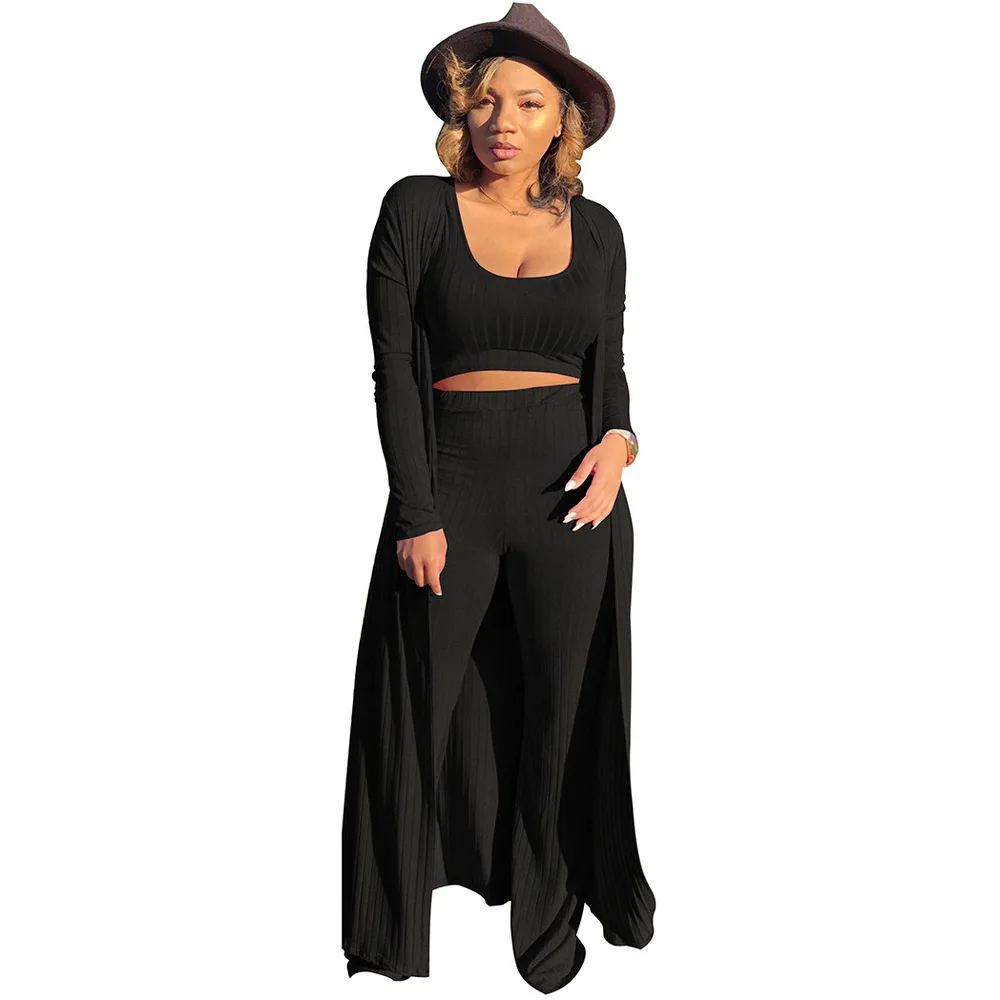 

Plus Size 3 Piece Matching Set Women Tracksuit Rib Skinny Cropped Tank Top+wide Leg Loose Pant+long Outwear Fall Winter Outfits