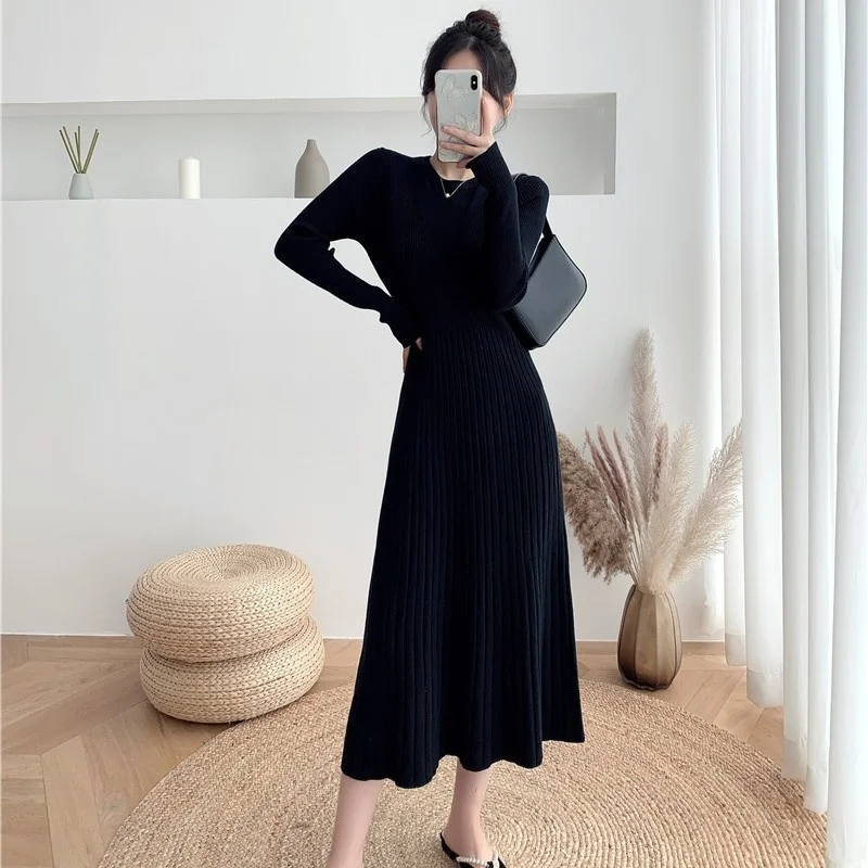 Осенне-зимнее шерстяное женское белое длинное вязаное хлопковое платье-свитер