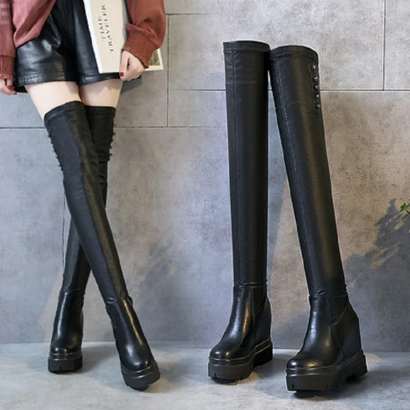 

Высокие Сапоги выше колена; Новинка 2019 года; сезон осень-зима; облегающие сапоги из искусственной кожи с толстой подошвой